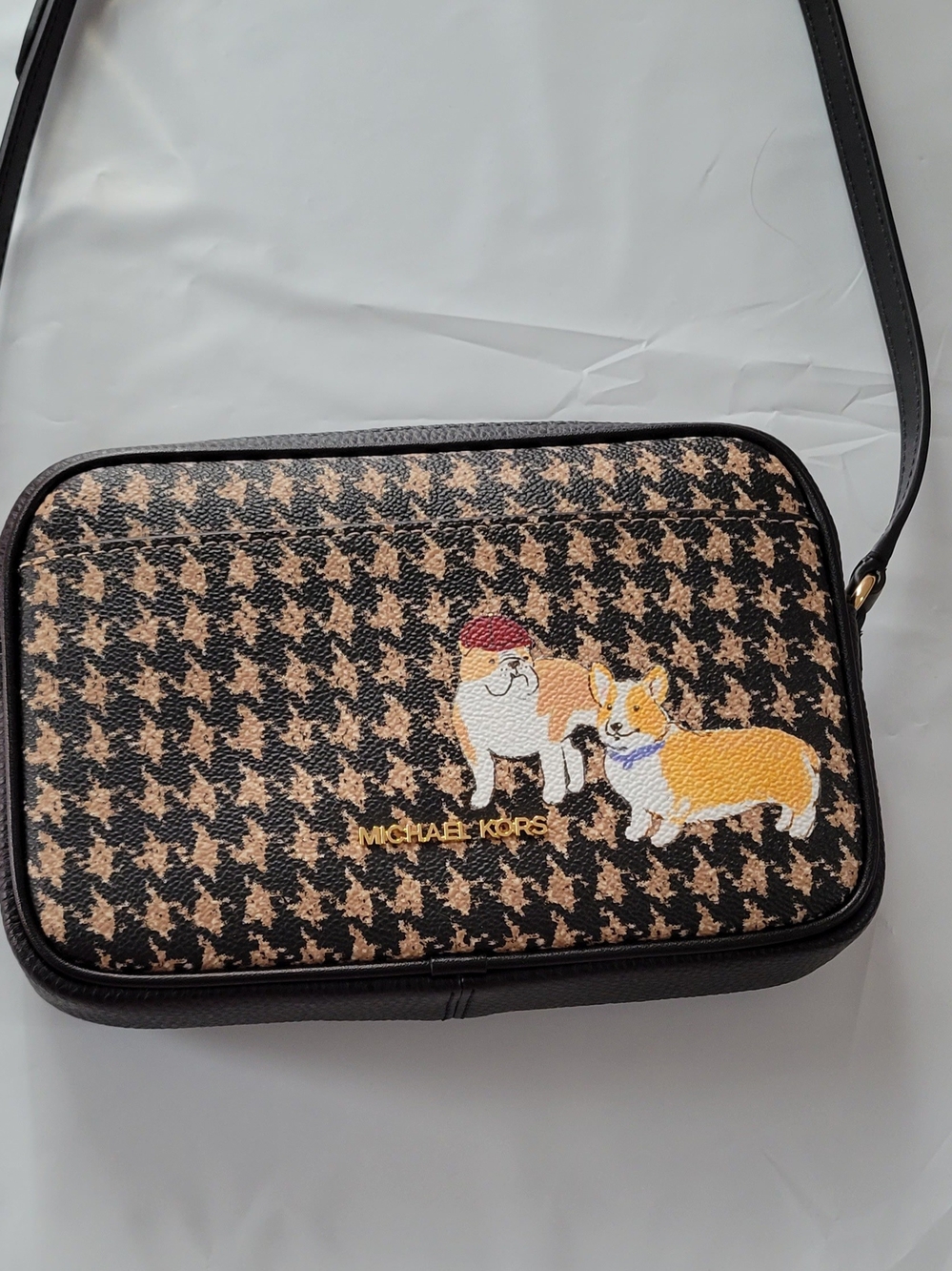 Michael Kors Brown & Black Houndstooth Crossbody Bag with Dog Motif